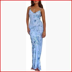 Vintage Spaghetti Strap Maxi Dress Backless Bodycon Satin Slip Long Dress